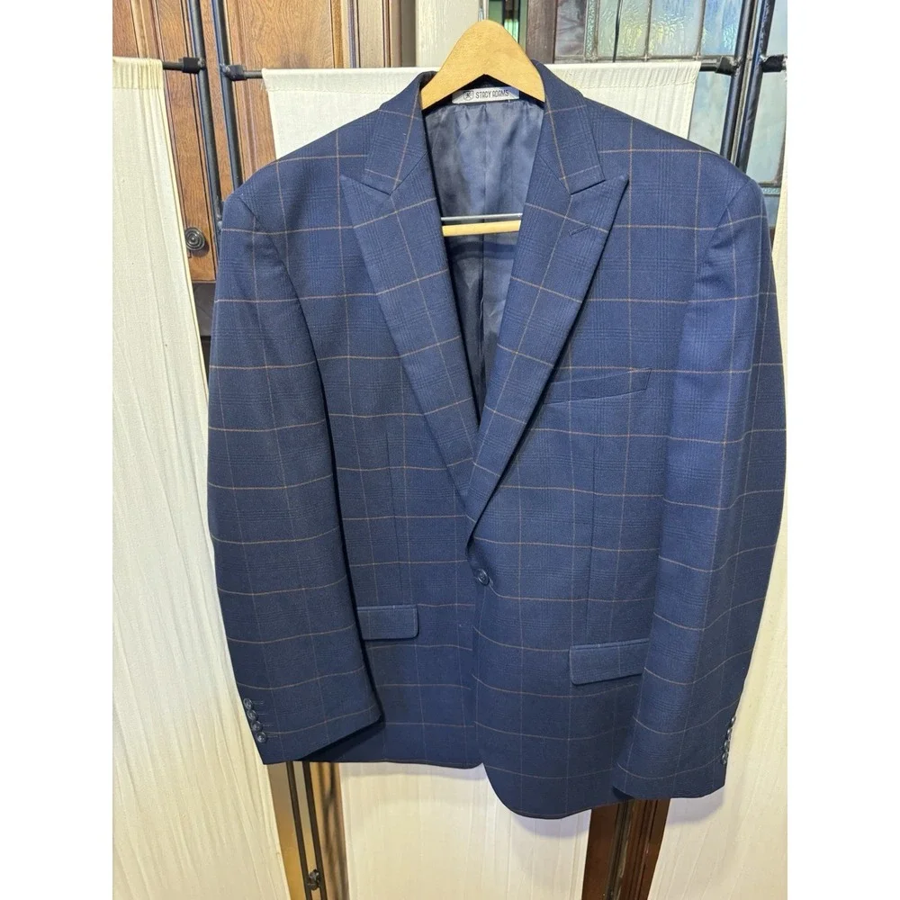 Stacy Adams Men's 2 Piece Suit Navy Blue Windowpane Plaid Hybrid Modern Fit Flat